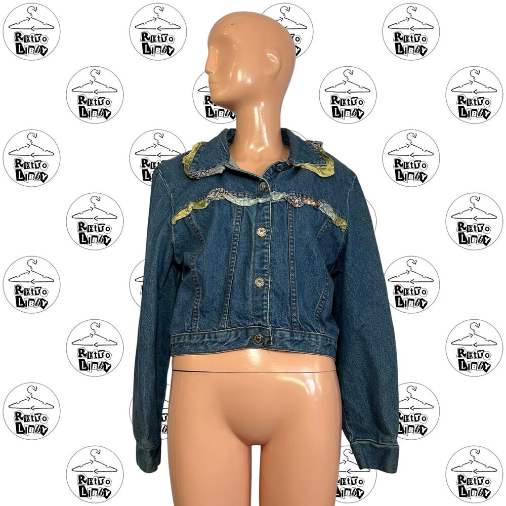 VTG 80s California Concept S Blue Denim Ruffled Jean Jacket Shoulder Pads USA